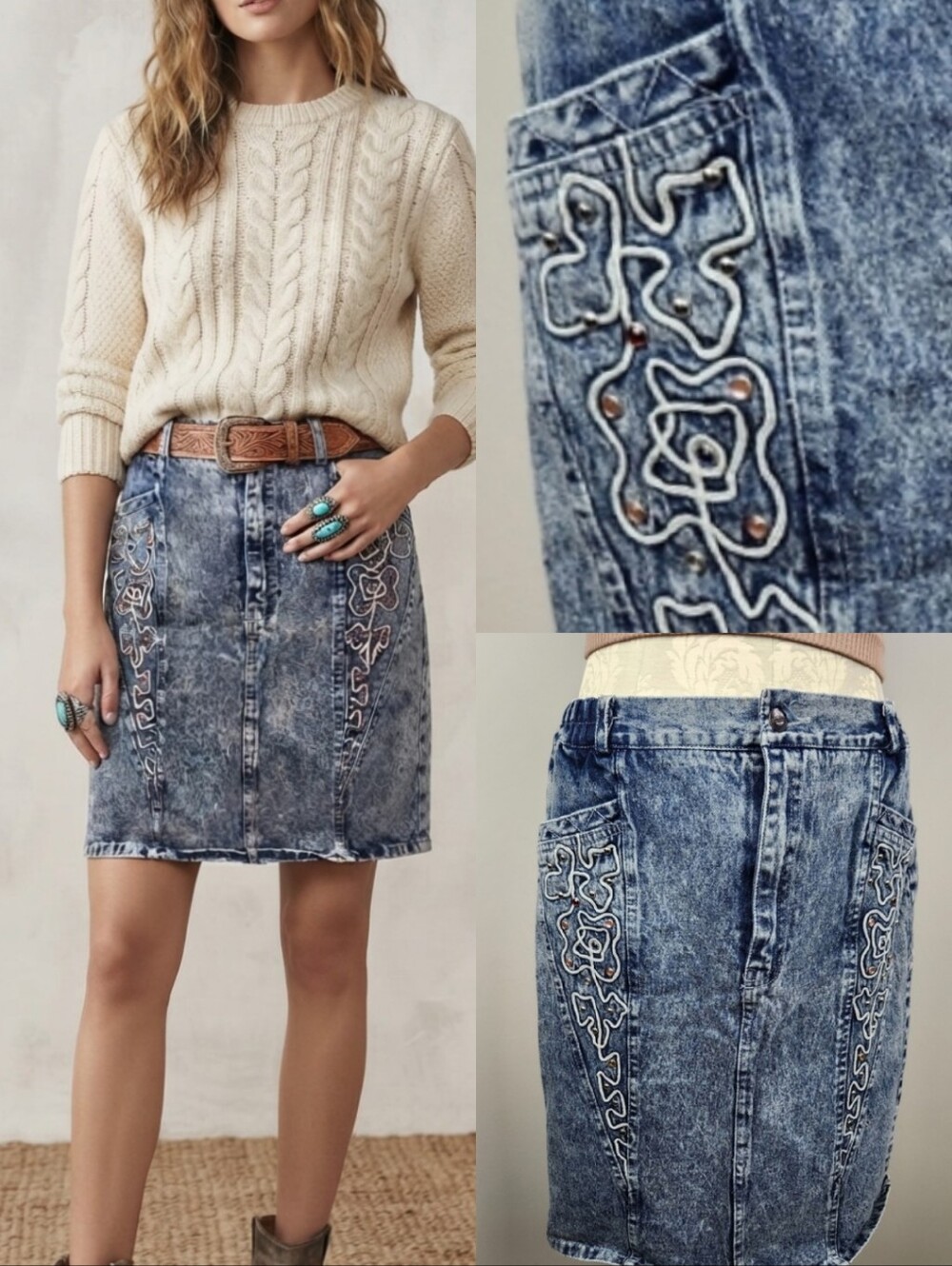 VTG Rhinestone Western Jean Denim Skirt 80s 90s Acid Wash  Size XL Fits Large